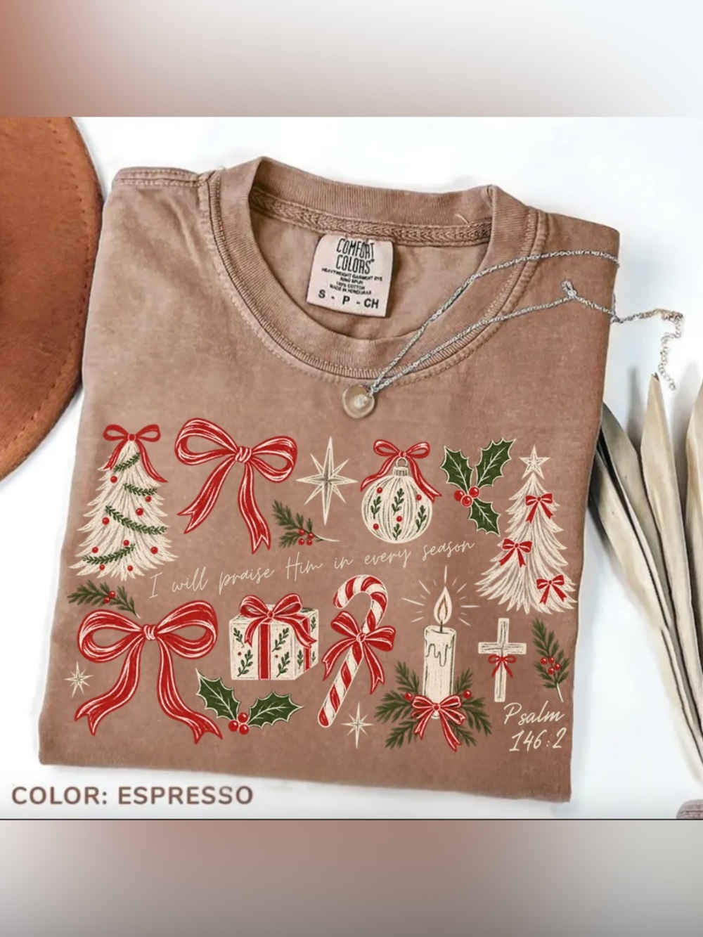 Comfort Colors Espresso Holiday Graphic Tee with Red & Cream Accents
